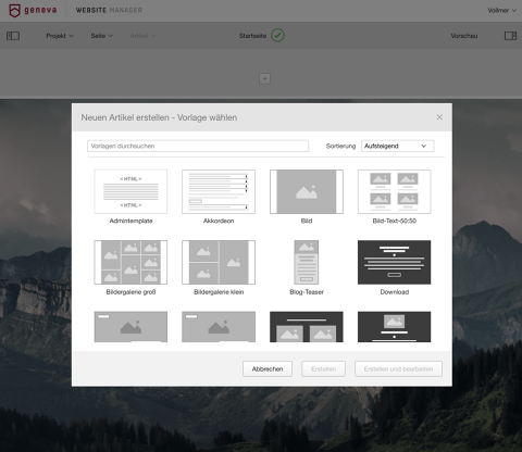 Template-Vorschau des Content Management Systems